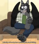 anthro ash_clinker black_hair black_pawpads black_wings blue_eyes bottomwear canid canine canis claws clothing denim denim_bottomwear denim_clothing feet flannel_shirt floor foot_fetish foot_focus fur furniture grey_body grey_fur hair hand_on_chin jeans lillyluvmonster looking_at_viewer male mammal medium_hair pants pawpads simple_background smug smug_expression sofa solo talking_to_viewer text wings wolf wood wood_floor