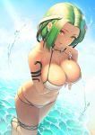  1girl :d absurdres arm_under_breasts bangs bare_shoulders beach bikini blush bob_cut breasts center_part collarbone crispy_crispy day green_hair green_nails halter_top halterneck headgear highres itaco large_breasts looking_at_viewer minose_kanade navel o-ring o-ring_bikini open_mouth outdoors parted_bangs sandals shiny shiny_skin short_hair smile snake_armband solo stomach swimsuit thigh_strap thighs virtual_youtuber water white_bikini yellow_eyes 