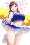  1girl :d blue_shirt blue_skirt blush breasts brown_eyes brown_hair cheerleader commentary_request crop_top hands_up heart highres idolmaster idolmaster_cinderella_girls large_breasts long_hair looking_at_viewer midriff navel nitta_minami panties pom_pom_(cheerleading) ponytail_korosuke shirt shoes simple_background skirt skirt_flip sleeveless sleeveless_shirt smile solo striped_clothes striped_panties swept_bangs thighs translation_request two-tone_shirt underboob underwear white_background white_footwear white_shirt 