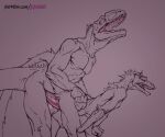  2d_animation abdominal_bulge anal anal_penetration animated anthro anthro_on_anthro anthro_penetrated anthro_penetrating anthro_penetrating_anthro balls bent_over carcharodontosaurid dinosaur dromaeosaurid duo erection from_behind_position genitals klongi looking_pleasured male male/male male_penetrated male_penetrating male_penetrating_male mapusaurus muscular muscular_anthro muscular_male nude open_mouth penetration penis reptile scalie sex sharp_teeth size_difference slim_male smaller_penetrated snout teeth text theropod thrusting url 