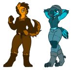  anthro avian beak bird blue_body blue_eyes blue_fur breasts brown_body brown_fur claws clothed clothing damaged_clothing duo female fluffy fluffy_tail fur hat headgear headwear hi_res hijackerdraws_(artist) hyaenid mammal multicolored_body multicolored_fur open_mouth open_smile orange_body orange_eyes orange_fur simple_background smile two_tone_body two_tone_fur white_background 