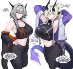  2girls absurdres aqua_eyes arknights armpits arms_up bare_shoulders black_choker black_jacket black_pants black_shirt blonde_hair breasts choker commentary cowboy_shot crop_top eblana_(arknights) grey_eyes grey_hair grin hair_intakes highres horns huge_breasts jacket kanta_(kanta_077) leggings long_hair long_sleeves looking_at_viewer midriff multiple_girls navel off_shoulder pants reunion_logo_(arknights) shirt simple_background sleeveless sleeveless_shirt smile sports_bra standing stomach tail talulah_(arknights) thighs very_long_hair white_background 