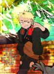 blonde_hair boombox brick_wall clothed clothing colored dialogue digital_media_(artwork) electronics english_text finger_in_ear hair headphones hi_res human human_only looking_aside male mammal not_furry orange_eyes outside plant solo text thwillartz tree wall_(structure)