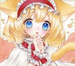  1girl alice_margatroid animal_ear_fluff animal_ears blonde_hair blue_eyes blush capelet cat_ears cat_girl cat_tail commentary_request frilled_hairband frills hairband heart lolita_hairband marker_(medium) open_mouth own_hands_together red_hairband solo tail touhou traditional_media white_capelet wrist_cuffs yuuki_hana_(jtnp5334) 