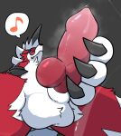  animal_genitalia animal_penis anthro balls bodily_fluids canine_genitalia canine_penis chest_tuft clawed_fingers claws erection fur generation_7_pokemon genital_fluids genitals hair hi_res holding_penis knot looking_at_genitalia looking_at_penis looking_at_self lycanroc male midnight_lycanroc multicolored_body musical_note nintendo penis pokemon pokemon_(species) precum presenting presenting_penis red_body red_eyes red_fur ringed_eyes shaded sheath simple_background solo solo_focus speech_bubble teeth tuft two_tone_body unsigned_nez white_body white_fur 