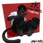  5_toes anthro black_body black_fur black_pawpads claws clothed clothing feet felid feline foot_fetish foot_focus fur hell_oart hi_res male mammal pantherine pawpads solo toes twitter yellow_eyes 