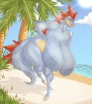  absurd_res anthro areola beach bent_over big_breasts blue_areola blue_body blue_nipples breasts claws dullvivid female feraligatr generation_2_pokemon hanging_breasts hi_res huge_breasts looking_at_viewer nintendo nipples nude open_mouth palm_tree plant pokemon pokemon_(species) red_eyes scales solo sun thick_thighs toe_claws tree 