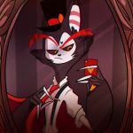  1:1 2020 anthro clothing demon domestic_cat felid feline felis hat hazbin_hotel headgear headwear husk_(hazbin_hotel) instagram male mammal mirror mirror_selfie necktie official_art selfie solo suspenders top_hat vivzmind 