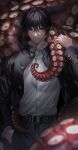  1boy am88121 belt black_eyes black_hair black_jacket blurry buttons chainsaw_man closed_mouth collared_shirt cowboy_shot depth_of_field hair_between_eyes hand_in_pocket hand_on_tentacle highres jacket light_smile looking_at_viewer male_focus mole mole_under_mouth octopus open_clothes open_jacket pants shirt solo tentacles white_shirt yoshida_hirofumi 