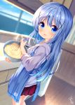  1girl animal_ears animal_hood apron bangs blue_apron blue_eyes blue_hair blurry blurry_background blush bowl cat_ears cat_hood chinomaron commentary_request depth_of_field eyebrows_visible_through_hair fake_animal_ears gochuumon_wa_usagi_desu_ka? grey_hoodie hair_between_eyes hair_ornament highres holding holding_bowl hood hood_down hoodie indoors kafuu_chino long_hair looking_at_viewer looking_to_the_side mixing_bowl parted_lips pleated_skirt red_skirt signature skirt smile solo standing very_long_hair whisk wooden_floor x_hair_ornament 
