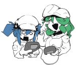  2girls blue_hair crying crying_with_eyes_open game_boy game_link_cable green_hair hair_bobbles hair_ornament handheld_game_console hat hood hoodie kappamin kawashiro_nitori limited_palette long_sleeves mob_cap multiple_girls o_o open_mouth playing_games shoulder_pouch simple_background tears touhou twintails two_side_up white_background yamashiro_takane 