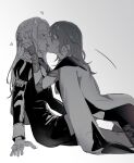 2girls absurdres blush byleth_(female)_(fire_emblem) byleth_(fire_emblem) cape closed_eyes commentary_request dress edelgard_von_hresvelg fire_emblem fire_emblem:_three_houses french_kiss from_side garreg_mach_monastery_uniform gloves greyscale hair_ribbon hand_on_another&#039;s_face heart highres juliet_sleeves kiss kneeling long_hair long_sleeves monochrome multiple_girls profile puffy_sleeves ribbon sitting sweat toho10min tongue tongue_out yuri 