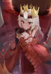  1girl absurdres awilin bare_shoulders blush braid breasts chalice crown cup dragon_tail dress facial_mark fate/grand_order fate_(series) french_braid hair_intakes highres looking_at_viewer looking_back medium_hair nero_claudius_(fate) queen_draco_(fate) queen_draco_(first_ascension)_(fate) red_dress scales small_breasts solo tail veil 