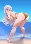  1girl absurdres ass barefoot beach bent_over bikini blue_eyes blue_sky breasts character_request cloud cross day gold_bikini grey_hair highres horizon large_breasts leaning_forward long_hair looking_at_viewer looking_back ocean outdoors sky solo standing suika_blue swimsuit tama_project virtual_youtuber 