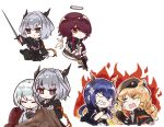  5girls anger_vein angry animal_ears arknights bangs beret black_dress black_gloves black_headwear black_jacket blue_hair ch&#039;en_(arknights) character_request closed_mouth commentary_request creepy_himecchi detached_wings dragon_horns dress drill_hair expressionless exusiai_(arknights) eyebrows_visible_through_hair fingerless_gloves fire gloves green_eyes gun hair_between_eyes hair_over_one_eye halo hat highres holding holding_gun holding_sword holding_weapon horns jacket kriss_vector long_hair long_sleeves multiple_girls necktie open_mouth orange_hair orange_neckwear pointing red_eyes red_hair reunion_logo_(arknights) shirt short_hair sidelocks simple_background submachine_gun swire_(arknights) sword talulah_(arknights) upper_body weapon white_background white_jacket white_shirt wings 