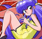  1girl abstract_background black_footwear bow breasts china_dress chinese_clothes double_bun dress floral_print_dress hair_bow hair_bun hair_ornament highres legs_up long_hair looking_at_viewer medium_breasts open_mouth purple_eyes purple_hair ranma_1/2 red_background shampoo_(ranma_1/2) sidelocks signature wanta_(futoshi) yellow_bow yellow_dress 