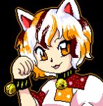  1girl animal_ears bad_id bad_twitter_id bell black_background black_choker black_wristband brown_hair cat_ears choker clenched_hand closed_mouth commentary english_commentary goutokuji_mike light_blush luo_qiangwei multicolored_hair neck_bell orange_eyes orange_hair orange_outline parody paw_pose pixel_art puffy_short_sleeves puffy_sleeves shirt short_hair short_sleeves simple_background slit_pupils smile solo streaked_hair style_parody tongue tongue_out touhou touhou_(pc-98) upper_body white_hair white_shirt white_sleeves 