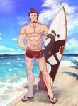 1boy abs absurdres alternate_costume bara beard blue_eyes brown_hair chest cloud cloudy_sky day facial_hair fate/grand_order fate_(series) full_body hand_on_hip highres icelernd looking_at_viewer male_focus male_swimwear muscle napoleon_bonaparte_(fate/grand_order) nipple_slip nipples ocean pectorals sandals scar shirtless shorts sky smile solo surfboard swim_briefs swimsuit swimwear 