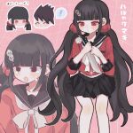  1girl black_hair black_sailor_collar black_skirt blunt_bangs blush bow bowtie danganronpa_(series) danganronpa_v3:_killing_harmony feet_out_of_frame frown hair_ornament hairclip harukawa_maki highres holding holding_knife knife long_hair long_sleeves low_twintails miniskirt mole mole_under_eye momota_kaito multiple_views pink_background pleated_skirt red_scrunchie red_shirt sailor_collar scrunchie shirt skirt spiked_hair translation_request twintails u_u_(16557) white_bow white_bowtie 