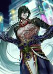  1boy artist_name bare_pectorals black_hair chest_tattoo cityscape cowboy_shot dragon_tattoo fate/grand_order fate_(series) flower_tattoo full-body_tattoo gauntlets green_eyes hair_between_eyes highres koshika_rina long_hair long_sleeves looking_at_viewer male_focus open_mouth pants pectorals ponytail rope_around_neck smile solo tattoo toned toned_male topless_male very_long_hair watermark yan_qing_(fate) 