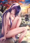  1girl acheron_(honkai:_star_rail) breasts diamond-shaped_pupils diamond_(shape) hand_on_own_knee head_tilt highres honkai:_star_rail honkai_(series) knee_up large_breasts long_hair looking_at_viewer multicolored_hair nude onsen purple_eyes purple_hair rairaisuruyo sitting smile solo streaked_hair sunset symbol-shaped_pupils very_long_hair wet 