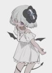  1girl :d bandaid bandaid_on_neck black_ribbon blue_hair blush child clione_myosotis cross cross_necklace demon_tail demon_wings dress eyepatch feet_out_of_frame frills grey_background happy_saint_sheol highres huyucai jewelry looking_at_viewer medical_eyepatch necklace off-shoulder_dress off_shoulder official_art purple_eyes ribbon ribbon_hair_ornament short_hair short_sleeves smile solo tail white_dress wings 