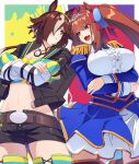  2girls absurdres animal_ears belt black_jacket black_thighhighs blue_dress breasts brown_belt brown_hair cowboy_shot crossed_arms daiwa_scarlet_(umamusume) demon_horns dress epaulettes fang hair_over_one_eye highres horns horse_ears horse_girl jacket jewelry large_breasts long_sleeves midriff multiple_girls navel necklace open_clothes open_mouth puffy_long_sleeves puffy_sleeves red_eyes reibun_(raven1119) short_shorts shorts skin_fang smile striped_hair thighhighs tiara twintails umamusume vodka_(umamusume) yellow_eyes zettai_ryouiki 