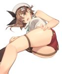  1girl :d ass atelier_(series) atelier_ryza bare_arms bare_shoulders beret black_legwear braid breasts brown_eyes brown_hair earrings fang hair_ornament hat jewelry key kildir looking_at_viewer medium_breasts micro_shorts open_mouth red_shorts reisalin_stout shirt shorts simple_background single_thighhigh sleeveless sleeveless_shirt smile solo thigh_strap thighhighs thighs white_background white_headwear white_shirt 
