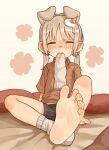  1girl animal_collar animal_ears arm_support bare_legs barefoot black_shorts blush brown_shirt child closed_eyes clothes_in_mouth collar dog_ears dog_girl egg_hair_ornament feet food-themed_hair_ornament funny_(syrupmelty) grey_hair hair_bobbles hair_ornament happy highres low_twintails mouth_hold original shirt short_shorts short_sleeves short_twintails shorts simple_background single_sock sitting sock_in_mouth socks soles solo syrupmelty toenails toes twintails white_socks 