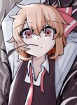  1girl arms_up black_vest blonde_hair closed_mouth commentary highres long_sleeves looking_at_viewer manekinekoppoi_inu mouth_hold necktie red_eyes rumia shirt short_hair solo stalk_in_mouth touhou undone_necktie upper_body vest white_shirt 