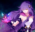  1girl :d breasts dress gem gloves glowing hair_ornament highres honkai_(series) honkai_impact_3rd long_hair medium_breasts open_mouth purple_dress purple_gloves purple_hair sirin sirin_(miracle_magical_girl) sk5hx smile solo upper_body very_long_hair wavy_hair yellow_eyes 