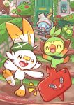  budew closed_eyes cosplay eldegoss fangs flower gloria_(pokemon) gloria_(pokemon)_(cosplay) gokuaku_rabbit green_hat grookey hat highres house munchlax open_mouth pokemon pokemon_swsh rose rotom rotom_phone scorbunny sobble starter_pokemon_trio twitter_username victor_(pokemon) victor_(pokemon)_(cosplay) white_hat wooloo 