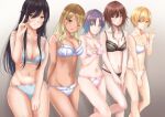  5girls ;d aketa_mikoto aqua_bra aqua_panties asakura_toru bare_legs black_bra black_hair black_panties blonde_hair blue_bra blue_panties blush bra breasts brown_hair cleavage collarbone commentary_request feet_out_of_frame gradient_hair hair_between_eyes highres idolmaster idolmaster_shiny_colors izumi_mei large_breasts long_hair looking_at_viewer medium_breasts multicolored_hair multiple_girls nakonako navel one_eye_closed own_hands_together panties pink_bra pink_panties purple_eyes saijo_juri shirase_sakuya short_hair smile standing standing_on_one_leg stomach straight_hair underwear underwear_only v very_long_hair white_bra white_panties 