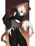 anthro arm_warmers armwear black_bottomwear black_clothing black_pants bottomwear chin_piercing clothing crop_top felid fishnet_clothing fishnet_topwear hi_res lion male mammal pantherine pants peachmuffin shirt solo tail topwear