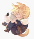  &gt;:) 1boy :3 animal_ears armor black_wings blonde_hair blue_pants blue_shirt blush boots brown_footwear cat_boy cat_ears cat_tail chibi closed_eyes cloud_strife cuntouxiaoyeju earrings final_fantasy final_fantasy_vii final_fantasy_vii_rebirth final_fantasy_vii_remake green_eyes green_scarf highres jewelry long_sleeves male_focus pants scarf shinra_infantry_uniform shirt short_hair shoulder_armor single_earring sleeping solo spiked_hair stuffed_animal stuffed_toy tail v-shaped_eyebrows white_background wings 