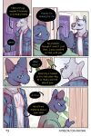  bastriw canid canine canis clothing comic dialogue domestic_cat door felid feline felis green_eyes hi_res inside male mammal nico_(bastriw) pato_(bastriw) plant purple_eyes text wolf 