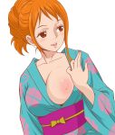  1girl blush breasts earrings highres japanese_clothes jewelry kimono lips nami_(one_piece) nipples one_piece orange_hair simple_background solo white_background xenodoujin 