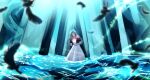  1girl absurdres aerith_gainsborough arms_behind_back black_feathers brown_hair choker cropped_jacket dress falling_feathers feathers final_fantasy final_fantasy_vii final_fantasy_vii_rebirth final_fantasy_vii_remake highres jacket lake long_dress long_hair overhead_lights parted_bangs parted_lips partially_submerged pink_dress red_jacket ribbon_choker short_sleeves sidelocks smile solo teeth wavy_hair zakkuchan 