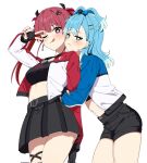  2girls :3 ;q black_gloves blue_eyes blue_hair blush breasts earrings fingerless_gloves gloves hair_ornament hairclip heart heart-shaped_pupils highres hikentai0112 hololive hololive_indonesia houshou_marine hug iii_(hololive) jacket jewelry kobo_kanaeru long_hair looking_at_viewer midriff multiple_girls one_eye_closed pleated_skirt purple_eyes purple_hair shorts simple_background skirt symbol-shaped_pupils tongue tongue_out v white_background 