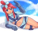  1girl :d blue_eyes blush breasts commentary_request eyelashes gloves hair_ornament happy highres jacket kutabireta_neko looking_at_viewer midriff navel one_side_up open_mouth pokemon pokemon_bw pouch reclining red_hair short_shorts shorts sidelocks skyla_(pokemon) smile solo sparkle thigh_pouch 