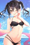  1girl ;d bangs bare_arms bare_shoulders bikini black_bikini black_hair blue_sky blush breasts cleavage cloud collarbone commentary_request cowboy_shot day eyebrows_visible_through_hair hair_between_eyes hand_on_own_cheek hand_up highres horizon idolmaster idolmaster_cinderella_girls kudou_(sikisiki0000) looking_at_viewer navel ocean one_eye_closed open_mouth outdoors sharp_teeth shawl short_hair short_twintails sky small_breasts smile solo splashing stomach sunazuka_akira swimsuit teeth twintails water wavy_hair yellow_eyes 