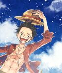  1boy abs aco_peda black_hair cloud commentary_request floating_hair hat holding holding_clothes holding_hat looking_at_viewer male_focus monkey_d._luffy one_piece open_clothes open_mouth open_shirt red_shirt sash scar scar_on_chest scar_on_face shirt short_hair signature sky solo straw_hat yellow_sash 
