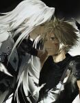  2boys aqua_eyes black_coat black_feathers black_gloves blonde_hair blood blood_on_face closed_mouth cloud_strife coat crying falling_feathers feathers final_fantasy final_fantasy_vii final_fantasy_vii_rebirth final_fantasy_vii_remake furrowed_brow gloves hair_between_eyes hand_on_another&#039;s_neck highres injury long_bangs long_hair looking_at_another male_focus multiple_boys parted_bangs parted_lips sephiroth short_hair single_bare_shoulder single_shoulder_pad sleeveless sleeveless_turtleneck smile spiked_hair suspenders tears turtleneck upper_body white_hair yaoi yiran_toru 