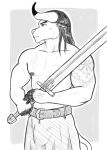  anthro bovid bovine cattle clothed clothing fantasy hi_res male mammal melee_weapon monochrome muscular muscular_anthro muscular_male piercing scar sketch solo sword torfur weapon 
