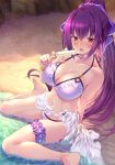  1girl anklet bangs bare_shoulders bikini blush bracelet breasts cleavage collarbone earrings emanon123 fate/grand_order fate_(series) food hair_between_eyes jewelry large_breasts leg_garter legs long_hair looking_at_viewer navel open_mouth popsicle purple_hair purple_ribbon red_eyes ribbon sarong scathach_(fate)_(all) scathach_skadi_(fate/grand_order) shore sitting swimsuit wariza 