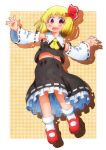  1girl adapted_costume ascot black_skirt blonde_hair blush commentary_request cosplay detached_sleeves fang hair_ribbon hakurei_reimu hakurei_reimu_(cosplay) highres looking_at_viewer mary_janes matty_(zuwzi) midriff_peek navel open_mouth outstretched_arms red_eyes red_footwear ribbon ribbon-trimmed_sleeves ribbon_trim rumia shoes skirt skirt_set smile socks solo spread_arms touhou white_socks yellow_ascot 