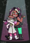  2017 2girls arm_on_another&#039;s_head arm_rest artist_name black_footwear boots commentary crown dark-skinned_female dark_skin english_commentary fingerless_gloves gloves gradient_hair green_hair grey_hair grin hand_on_own_hip headphones inkling marina_(splatoon) midriff mole mole_under_mouth multicolored_hair multiple_girls navel_piercing octoling one_eye_closed orange_eyes pearl_(splatoon) piercing purple_hair raised_eyebrows smile splatoon_(series) splatoon_2 starry_background tentacle_hair tilted_headwear tim_larade white_footwear 