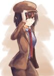  1girl black_hair brown_eyes brown_hat brown_jacket brown_shorts closed_mouth collared_shirt commentary_request hat highres jacket kisuke1212 necktie one-hour_drawing_challenge red_necktie shameimaru_aya shameimaru_aya_(newsboy) shirt short_hair shorts smile solo touhou white_shirt 