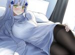  1girl arm_support bangs bed black_legwear blush breasts closed_mouth commentary_request cowboy_shot curtains dress fingernails girls_frontline green_eyes hair_ornament hand_on_own_thigh hk416_(girls_frontline) indoors liu_chi_tiantang_fr long_hair long_sleeves looking_at_viewer lying medium_breasts on_bed on_side panties panties_under_pantyhose pantyhose pillow ribbed_sweater sidelocks silver_hair smile solo sweater sweater_dress thighband_pantyhose turtleneck turtleneck_sweater underwear white_sweater 