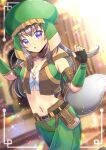  1girl :o arm_up black_gloves blurry blurry_background breasts brown_hair brown_jacket cleavage commentary_request commission copyright_request cosplay depth_of_field final_fantasy final_fantasy_xi fingerless_gloves gloves green_hat green_pants hair_between_eyes hand_up hat jacket kou_hiyoyo long_hair looking_at_viewer navel open_clothes open_jacket pants parted_lips purple_eyes skeb_commission sleeveless sleeveless_jacket small_breasts solo stomach tail thief_(final_fantasy) thief_(final_fantasy)_(cosplay) very_long_hair 